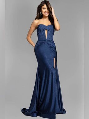 Jovani Navy Blue Shimmer Corset Gown Strapless Mermaid Slit Prom Formal Dress